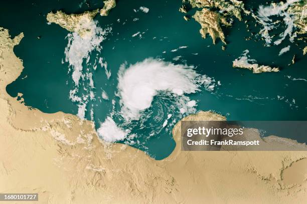 sturm daniel 2023 wolkenkarte libyen 3d-renderfarbe - north africa stock-fotos und bilder