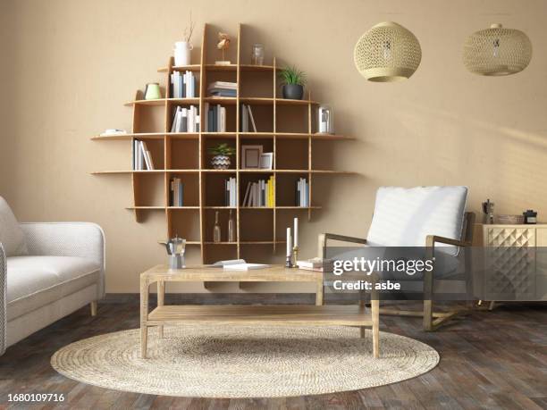 gemütliches beigefarbenes zimmer im skandinavischen stil mit einem bücherregal mit geometrischem design - terrakotta stock-fotos und bilder