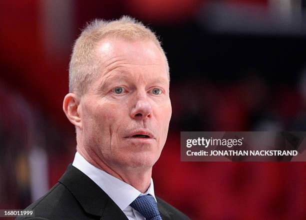 Norway's head coach Roy Johansen looks on during the preliminary round match Norway vs Slovenia at the 2013 IIHF Ice Hockey World Championships on...