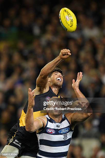 James Podsiadly of the Cats flies for a mark during the round six AFL match between the Richmond Tigers and the Geelong Cats at Melbourne Cricket...