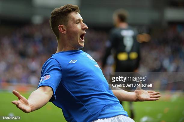 Fraser Aird of Rangers celebrates after scoring during the IRN-BRU Scottish Third Division match at Ibrox Stadium on May 4, 2013 in Glasgow, Scotland.