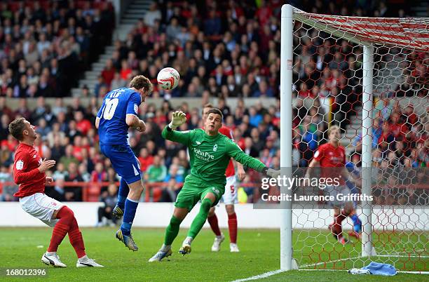 Andy King of Leicester City scores his sides second goal during the npower Championship match between Nottingham Forest and Leicester City at City...