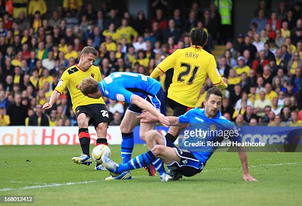 Almen Abdi of Watford scores his team's opening goal during the npower Championship match between Watford and Leeds United at Vicarage Road on May 4,...