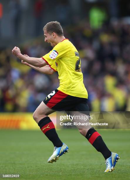 Almen Abdi of Watford celebrates scoring his team's opening goal during the npower Championship match between Watford and Leeds United at Vicarage...