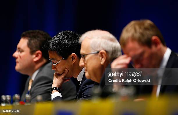 Secratary general Patrick Doering of the German Free Democrats political party, FDP party leader Philipp Roesler, top candidate Rainer Bruederle and...