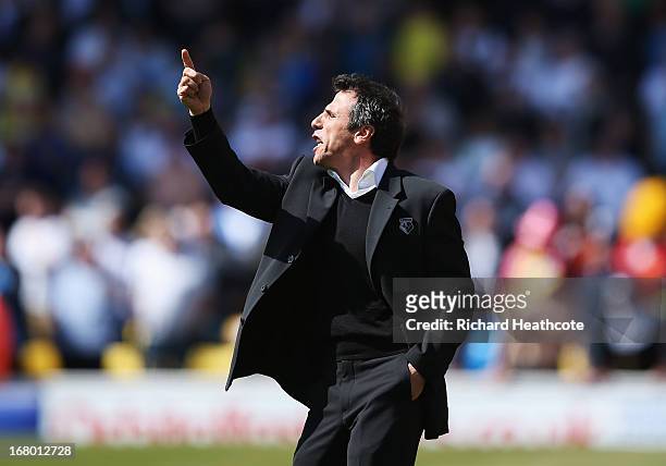 Gianfranco Zola, manager of Watford gives instructions during the npower Championship match between Watford and Leeds United at Vicarage Road on May...