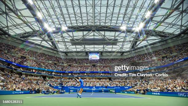 September 10: A general view of Novak Djokovic of Serbia serving against Daniil Medvedev of Russia in the Men's Singles Final on Arthur Ashe Stadium...