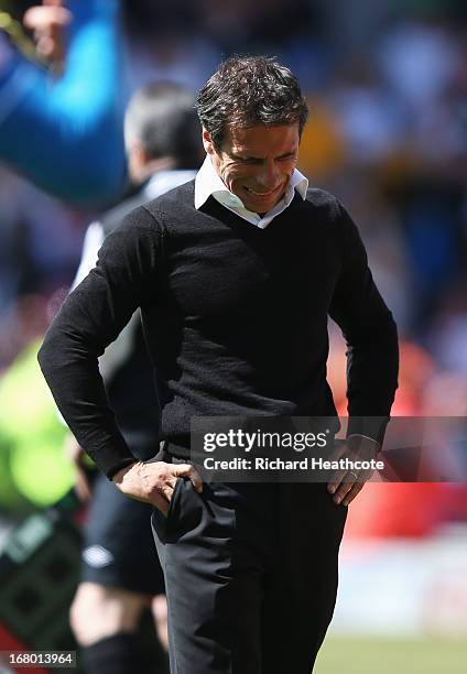 Gianfranco Zola, manager of Watford looks dejected during the npower Championship match between Watford and Leeds United at Vicarage Road on May 4,...