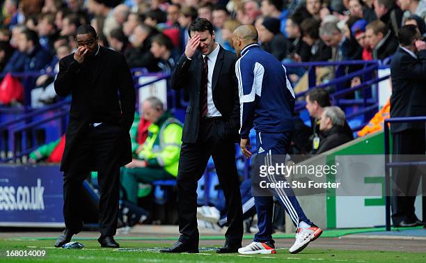 Bolton manager Dougie Freedman reacts during the npower Championship match between Bolton Wanderers and Blackpool at Reebok Stadium on May 4, 2013 in...