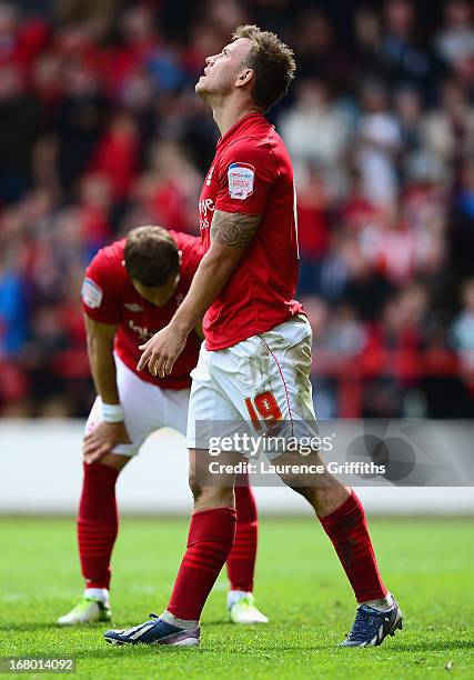 Simon Cox of Nottingham Forest shows his dissapointment in defeat during the npower Championship match between Nottingham Forest and Leicester City...