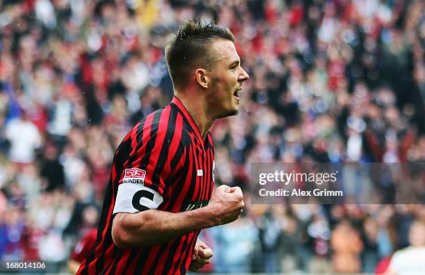 Alexander Meier of Frankfurt celebrates his team's first goal during the Bundesliga match between Eintracht Frankfurt and Fortuna Duesseldorf 1895 at...