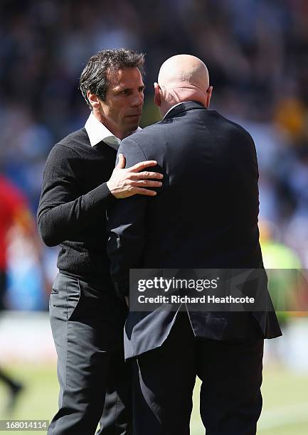 Gianfranco Zola, manager of Watford shakes hands with Brian McDermott, manager of Leeds United after the npower Championship match between Watford...