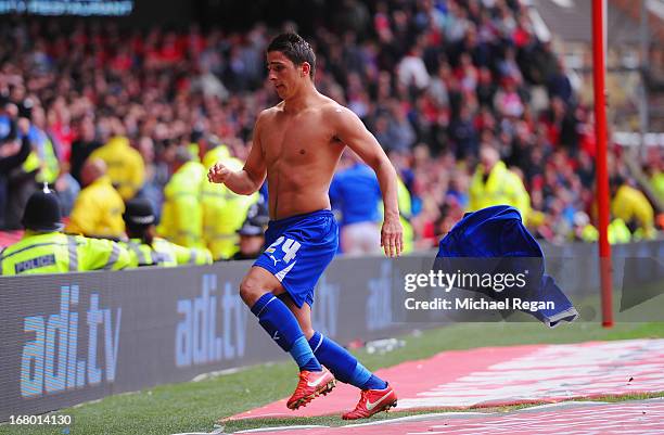 Anthony Knockaert of Leicester celebrates scoring to make it 3-2 during the npower Championship match between Nottingham Forest and Leicester City at...