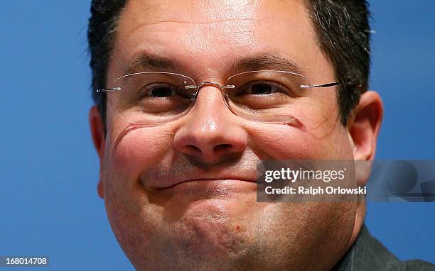 Secretary general Patrick Doering of the German Free Democrats political party, smiles at the FDP federal congress on May 4, 2013 in Nuremburg,...