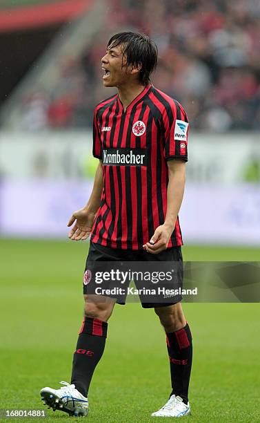 Inui Takashi of Frankfurt reacts during the Bundesliga match between Eintracht Frankfurt and Fortuna Duesseldorf 1895 at Commerzbank-Arena on May 4,...