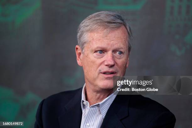 Boston, MA NCAA president and former Massachusetts governor Charlie Baker is interviewed by Boston Globe Sports writer Chris Gasper at the Globe...