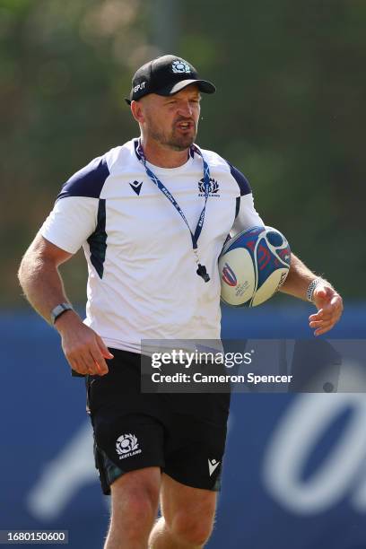 Scotland head coach Gregor Townsend watches his players train during a Scotland training session at the Rugby World Cup France 2023 at Stade des...