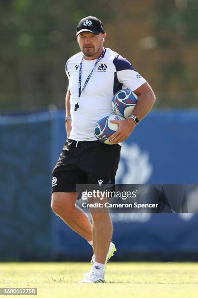 Scotland head coach Gregor Townsend watches his players train during a Scotland training session at the Rugby World Cup France 2023 at Stade des...