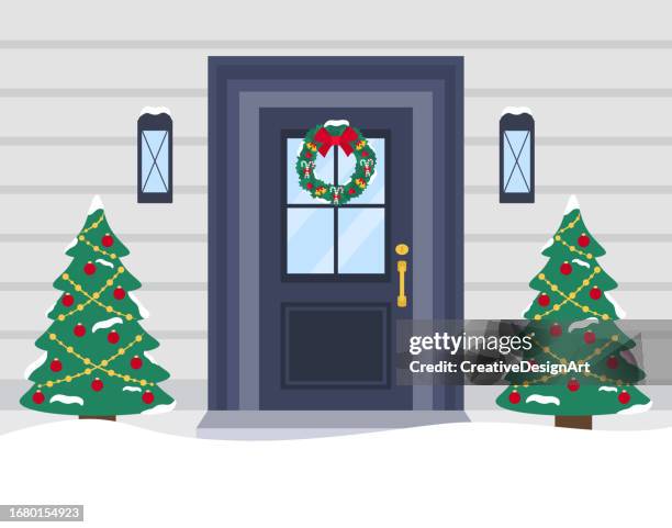 entrance door decorated for christmas. merry christmas and happy new year concept - new year cartoon stock illustrations