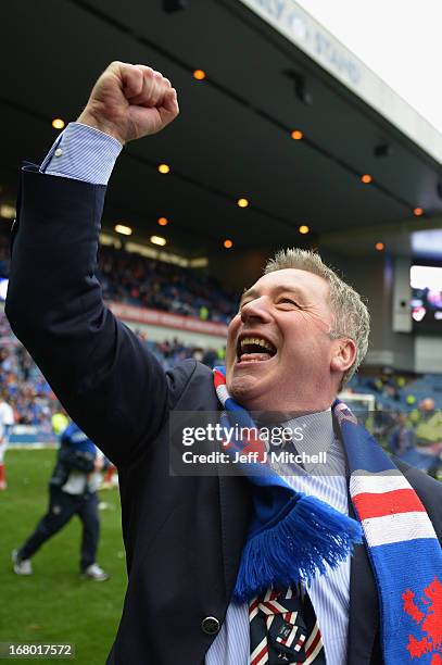 Manager Ally McCoist of Rangers celebrates following his team's victory over Berwick Rangers at Ibrox Stadium on May 4, 2013 in Glasgow, Scotland.