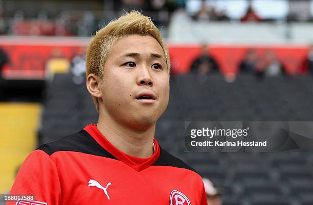 Genki Omae of Duesseldorf during the Bundesliga match between Eintracht Frankfurt and Fortuna Duesseldorf 1895 at Commerzbank-Arena on May 4, 2013 in...