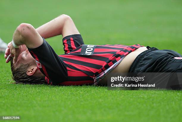 Stefan Aigner of Frankfurt reacts during the Bundesliga match between Eintracht Frankfurt and Fortuna Duesseldorf 1895 at Commerzbank-Arena on May 4,...