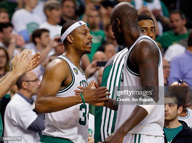 Paul Pierce of the Boston Celtics and Kevin Garnett exchange words in the final moment in the 4th quarter in Game Six of the Eastern Conference...