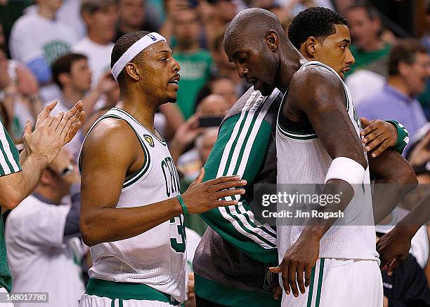 Paul Pierce of the Boston Celtics and Kevin Garnett exchange words in the final moment in the 4th quarter in Game Six of the Eastern Conference...