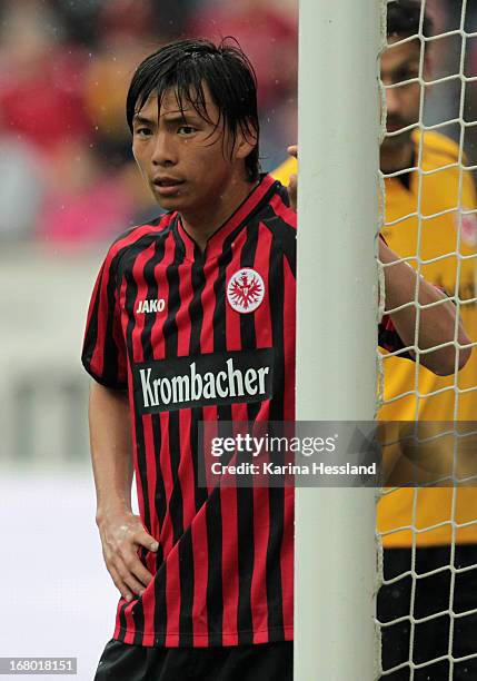 Inui Takashi of Frankfurt reacts during the Bundesliga match between Eintracht Frankfurt and Fortuna Duesseldorf 1895 at Commerzbank-Arena on May 4,...