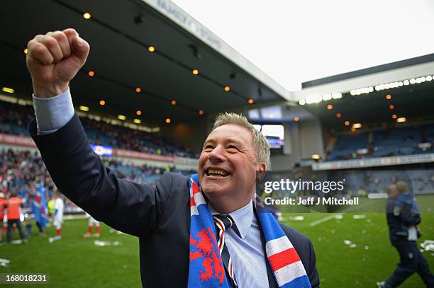 Manager Ally McCoist of Rangers celebrates following his team's victory over Berwick Rangers at Ibrox Stadium on May 4, 2013 in Glasgow, Scotland.