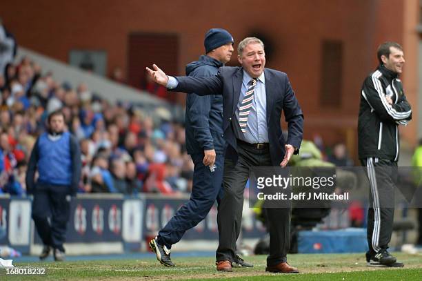 Manager Ally McCoist of Rangers reacts during the IRN - BRU Scottish Third Division match between Rangers and Berwick Rangers at Ibrox Stadium on May...