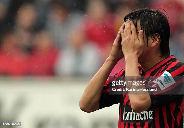 Inui Takashi of Frankfurt reacts during the Bundesliga match between Eintracht Frankfurt and Fortuna Duesseldorf 1895 at Commerzbank-Arena on May 4,...