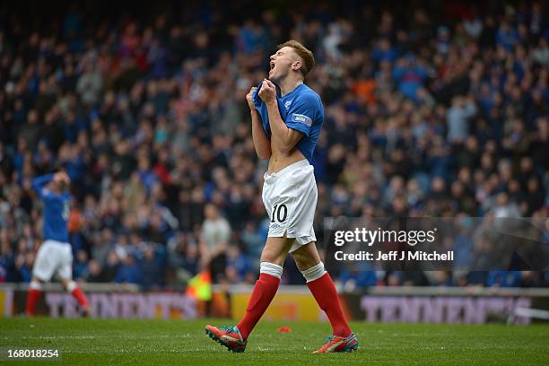 Lewis MacLeod of Rangers reacts during the IRN - BRU Scottish Third Division match between Rangers and Berwick Rangers at Ibrox Stadium on May 4,...