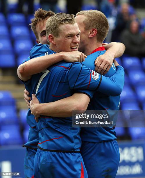 Billy Mckay of Inverness Caledonian Thistle celebrates with team-mates after scoring his second goal during the Clydesdale Bank Scottish Premier...