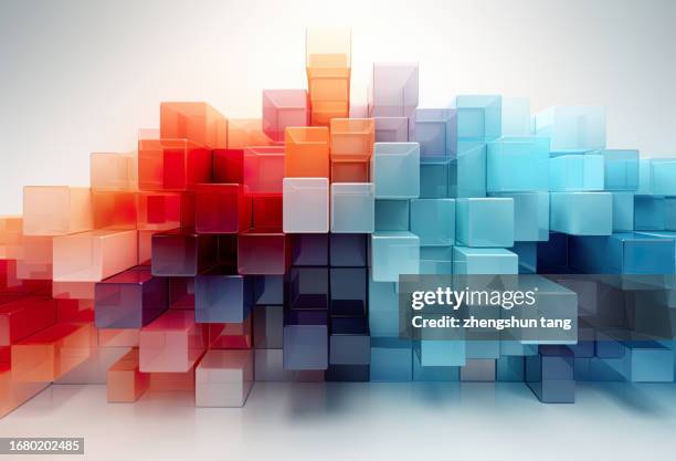close-up of multi colored transparent cubes against white background - kubus stockfoto's en -beelden