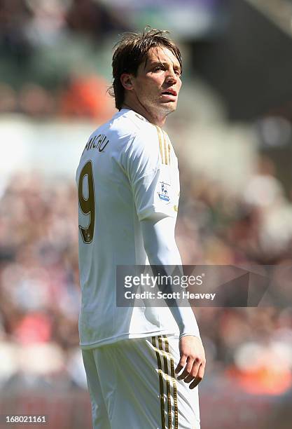 Miguel Michu of Swansea City looks on during the Barclays Premier League match between Swansea City and Manchester City at Liberty Stadium on May 4,...