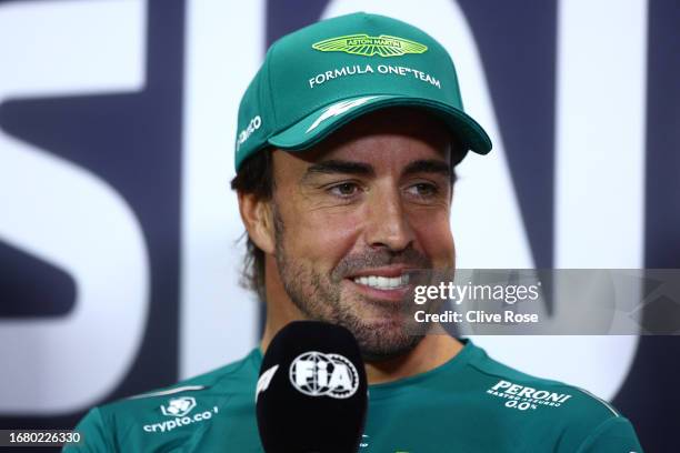 Fernando Alonso of Spain and Aston Martin F1 Team attends the Drivers Press Conference during previews ahead of the F1 Grand Prix of Singapore at...