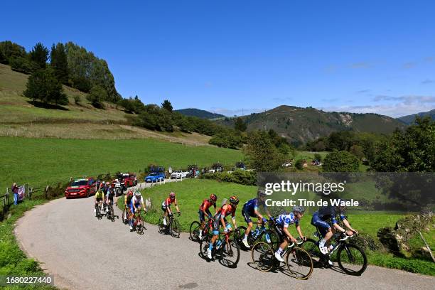 General view of Remco Evenepoel of Belgium and Team Soudal - Quick Step - Polka dot Mountain Jersey, Egan Bernal of Colombia and Team INEOS...