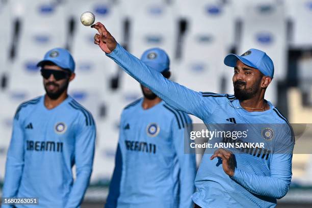 India's KL Rahul takes part in a practice session at the Punjab Cricket Association I.S. Bindra stadium in Mohali on September 21 on the eve of their...