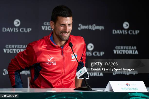 Novak Djokovic of Serbia speaks during a press conference ahead of the Davis Cup Group Stage 2023 Valencia match between Spain and Serbia at Pabellon...