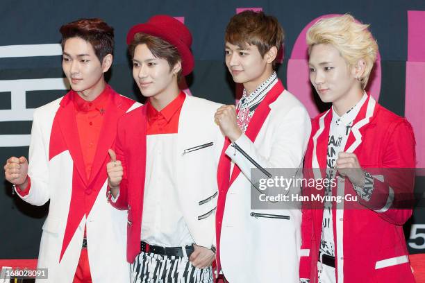 Onew, Taemin, Minho and Key of South Korean boy band SHINee attend an autograph session for the 'InterPark' on May 3, 2013 in Seoul, South Korea.