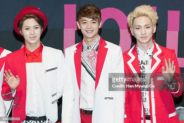 Taemin, Minho and Key of South Korean boy band SHINee attend an autograph session for the 'InterPark' on May 3, 2013 in Seoul, South Korea.