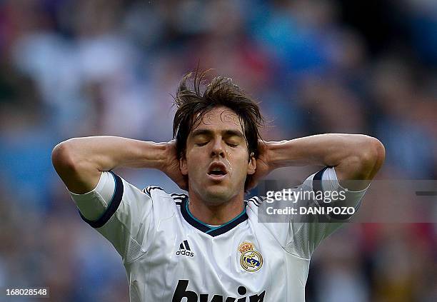 Real Madrid's Brazilian midfielder Kaka reacts during the Spanish league football match Real Madrid CF vs Valladolid at the Santiago Bernabeu stadium...
