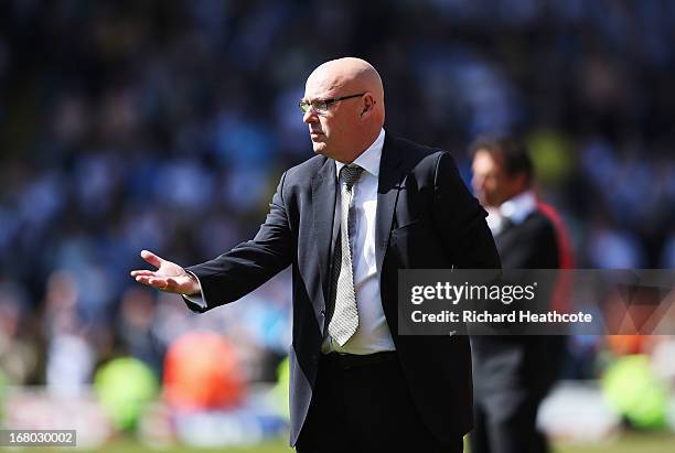 Brian McDermott, manager of Leeds United gestures during the npower Championship match between Watford and Leeds United at Vicarage Road on May 4,...