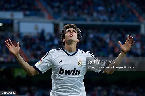 Kaka of Real Madrid CF celebrates scoring their third goal during the La Liga match between Real Madrid CF and Real Valladolid CF at Estadio Santiago...