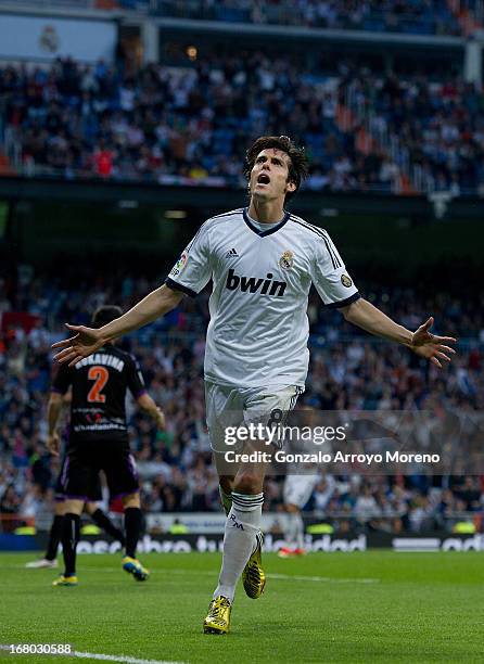 Kaka of Real Madrid CF celebrates scoring their third goal during the La Liga match between Real Madrid CF and Real Valladolid CF at Estadio Santiago...