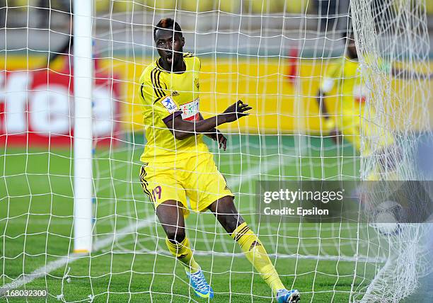 Lacina Traore of FC Anzhi Makhachkala celebrates after scoring a goal during the Russian Premier League match between FC Anzhi Makhachkala and FC...