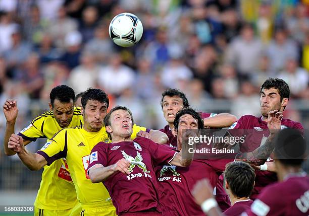 Players of FC Anzhi Makhachkala in action against players of FC Rubin Kazan during the Russian Premier League match between FC Anzhi Makhachkala and...