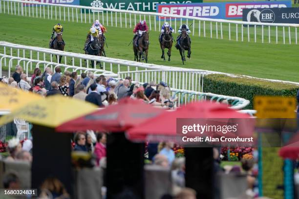 William Buick riding Chic Colombine win The British Stallion Studs EBF 'Carrie Red' Fillies' Nursery at Doncaster Racecourse on September 14, 2023 in...