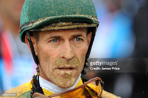 Jockey Gary Stevens looks on after a race prior to the 139th running of the Kentucky Derby at Churchill Downs on May 4, 2013 in Louisville, Kentucky.